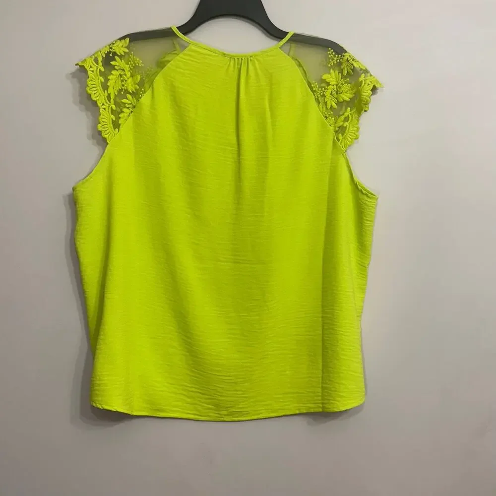 Adrianna Papell Neon Lime Lace Cold Shoulder Blouse XL - Picture 2 of 8